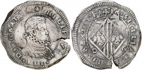 1611. Felipe III. Messina. 1 escudo. (Vti. 152) (MIR. 343/2). 31,57 g. Grieta de acuñación. Escasa. MBC-.