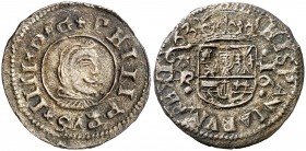 1663. Felipe IV. Coruña. R. 16 maravedís. (AC. 453). 3,87 g. Conserva parte del plateado original. MBC+.
