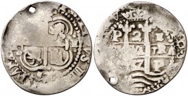 1657. Felipe IV. Potosí. E. 2 reales. (AC. 925). 6,47 g. Redonda. Tipo de presentación real. Doble fecha. Perforación, habitual en el tipo. Leves rast...