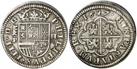 1627. Felipe IV. Segovia. P. 2 reales. (AC. 956). 5,93 g. Rayitas en reverso. Escasa. MBC+/MBC.