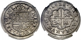 1628. Felipe IV. Segovia. P. 2 reales. (AC. 957). En cápsula de la NGC como MS63, nº 4344928-003. Muy bella. Rara así. S/C-.