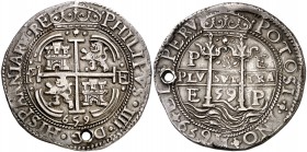 1659. Felipe IV. Potosí. E. 8 reales. (AC. 1425) (Lázaro 160 var). 26,40 g. Redonda. Tipo de presentación real. Triple fecha y triple ensayador. Perfo...