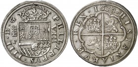 1630. Felipe IV. Segovia. P. 8 reales. (AC. 1588). 27,21 g. Pequeña parte del canto final de riel. Rara. MBC+.