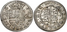 1635/4. Felipe IV. Segovia. R. 8 reales. (AC. 1605). 27,25 g. Mínimas impurezas. Bella. Brillo original. Rara y más así. EBC.