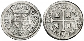 1686. Carlos II. Segovia. BR. 1/2 real. (AC. 196). 1,18 g. Escasa. BC+.