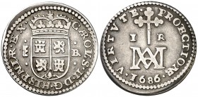 1686. Carlos II. Segovia. BR. 1 real. (AC. 310). 2,85 g. Tipo "María". Leves marquitas. Buen ejemplar. Rara. MBC+.