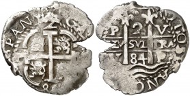 1684. Carlos II. Potosí. V. 2 reales. (AC. 413). 6,04 g. Doble fecha, una parcial. MBC.