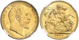 1907. Australia. Eduardo VII. M (Melbourne). 1 libra. (Fr. 33) (Kr. 14) (Spink 3971). AU. En cápsula de la NGC como MS64, nº 3931137-014. Bella. S/C-/...