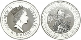 1992. Australia. Isabel II. 10 dólares. (Kr. 180). 310 g. AG. Kookaburra. Proof.