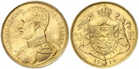 1914. Bélgica. Alberto I. 20 francos. (Fr. 422) (Kr. 79). 6,43 g. AU. Leyenda en flamenco. S/C-.