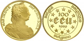 1989. Bélgica. Balduino I. 100 ecu piefort. (Fr. falta) (Kr. P12). 62,21 g. AU. María Teresa. Con certificado. Acuñación de 2000 ejemplares. Proof....