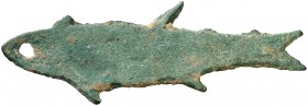 (1122-222 a.C.). China. Dinastía Zhou. Moneda pez. 16,53 g. AE. Muy escasa. MBC+.