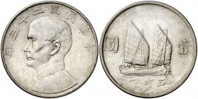 Año 23 (1934). China. 1 dólar. (Kr. 345). 26,74 g. AG. Bella. Escasa así. EBC.