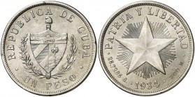 1934. Cuba. 1 peso. (Kr. 15.2). 26,66 g. AG. Leves marquitas. Bella. Escasa así. EBC+.