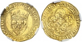 Francia. Carlos VI (1380-1422). 1 écu d'or. (Fr. 291) (D. 369). 3,76 g. AU. En cápsula de la NGC como MS62, nº 4479807-001. Bella. Escasa así. EBC+....