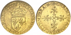 1564. Francia. Carlos IX. H (La Rochelle). 1 écu d'or. (Fr. 378) (D. 1057). AU. En cápsula de la NGC como MS61, nº 583990-019. Bella. Escasa. EBC+.