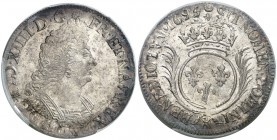 1695. Francia. Luis XIV. X (Amiens). 1/2 ecu. (Kr. 295.22). AG. En cápsula de la PCGS como MS62, nº 490555.62/28587274. Bella. Brillo original. Rara a...