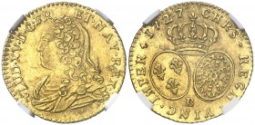 1727. Francia. Luis XV. B (Rouen). 1/2 luis de oro. (Fr. 462) (Kr. 488.2). AU. En cápsula de la NGC como MS62, nº 4785873-009. Bella. Rara y más así. ...