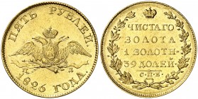 1826. Rusia. Nicolás I. C (San Petersburgo). A. 5 rublos. (Fr. 154) (Kr. 174). 6,55 g. AU. Mínimas rayitas. Bella. Brillo original. Rara. EBC+.