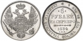 1834. Rusia. Nicolás I. C (San Petersburgo). 6 rublos. (Fr. 159) (Kr. 178). Platino. En cápsula de la NGC como MS64, nº 1948047-001. Acuñación de 11 e...