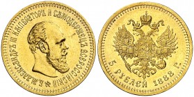 1888. Rusia. Alejandro III. A. 5 rublos. (Fr. 168) (Kr. 42). 6,44 g. AU. Mínima rayita. Bella. Brillo original. Escasa así. S/C-.