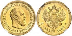 1889. Rusia. Alejandro III. A. 5 rublos. (Fr. 168) (Kr. 42). AU. En cápsula de la NGC como MS62, nº 4625192-011. Bella. Escasa así. S/C-.