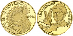 1996. Suecia. Carlos XVI Gustavo. 100 euros. (Fr. falta) (Kr. falta). 8,64 g. AU. Selma Lagerlof. En estuche con certificado. Proof.