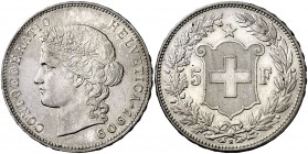 1909. Suiza. B (Berna). 5 francos. (Kr. 34). 24,92 g. AG. Leves marquitas. Bella. Escasa y más así. EBC+.
