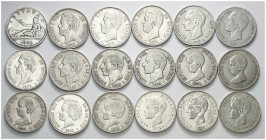 1870 a 1899. 5 pesetas. Lote de 34 monedas, todas diferentes, alguna manipulada. A examinar. BC/BC+.