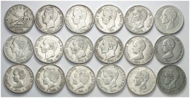 1870 a 1899. 5 pesetas. Lote de 34 monedas, todas diferentes, alguna manipulada. A examinar. BC/BC+.