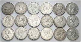 1870 a 1898. 5 pesetas. Lote de 60 monedas. A examinar. BC/BC+.
