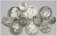 Lote de 11 monedas de plata de Fernando el católico a Isabel II en distintos valores, dos con perforación y una árabe. Imprescindible examinar. RC/BC+...