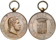 1873. Carlos VII, Pretendiente. (Cru.Medalles 324) (Perez-Guerra 1036). 18,28 g. Ø35 mm. Bronce. Guerras Carlistas. Toma de Berga. Con anilla. Golpeci...