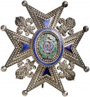 (1771-1975). Real orden de Carlos III. Placa en cruz de brazos. (Pérez Guerra 7). 60 g. 75x70 mm. Plata. Bella. Rara. S/C-.