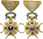 (1847-1868). Orden de Isabel la Católica. Cruz de pecho. (Pérez Guerra 76). 21,38 g. 59x43 mm. Oro y esmalte. Con corona de laurel, anilla y cinta. Be...