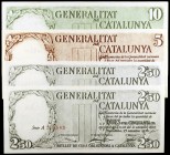 1936. Generalitat de Catalunya. 2,50 (A, negro y rojo), 5 y 10 pesetas. (Ed. C23, C23a, C24 y C25) (Ed. 372, 372a, 373 y 374). 25 de septiembre. 4 bil...