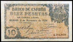 1936. Burgos. 10 pesetas. (Ed. D19) (Ed. 418). 21 de noviembre. Leve doblez. Muy raro. MBC+.