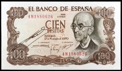 1970. 100 pesetas. (Ed. D73b) (Ed. 472c). 17 de noviembre. Serie 4M. Con la firma manuscrita de Luis Coronel de Palma, gobernador del Banco de España....