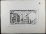(hacia 1974). Prueba de artista del reverso de un billete que no llegó a emitirse. 500 pesetas. Realizada a lápiz, representa "La cruz y plaza de Puer...
