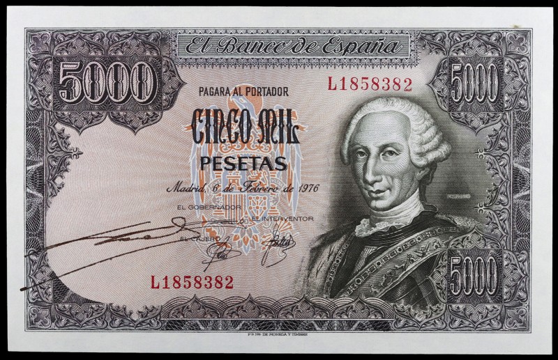 1976. 5000 pesetas. (Ed. E1a) (Ed. 475a). 6 de febrero, Carlos III. Serie L. Con...