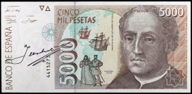 1992. 5000 pesetas. (Ed. E10) (Ed. 484). 12 de octubre, Colón. Sin serie. Con firma manuscrita del Cajero en anverso. Raro. S/C-.