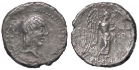 ROMANE REPUBBLICANE - CALPURNIA - L. Calpurnius Piso Frugi (90 a.C.) - Quinario - Testa di Apollo a d. /R Vittoria a d. con una palma Cr. 340/2 (AG g....