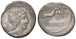 ROMANE REPUBBLICANE - JULIA - L. Julius Bursio (85 a.C.) - Denario - Testa di Apollo Vejovis a d.; dietro, testina e tridente /R La Vittoria su quadri...