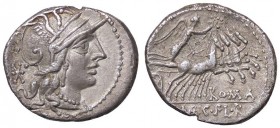ROMANE REPUBBLICANE - MARCIA - Q. Marcius, C. Fabius e L. Roscius (118-117 a.C.) - Denario - Testa di Roma a d. /R La Vittoria su quadriga verso d. B....