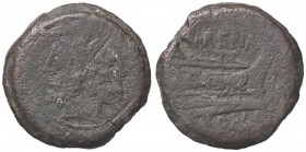 ROMANE REPUBBLICANE - MURENA - L. Licinius Murena (169-158 a.C.) - Asse - Testa di Giano /R Prua di nave a d., sopra MVRENA Cr. 186/1 (AE g. 35,12)
M...