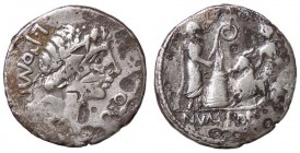ROMANE REPUBBLICANE - POMPONIA - L. Pomponius Molo (97 a.C.) - Denario - Testa di Apollo a d. /R Numa sacrifica un caprone portato da un vittimario B....