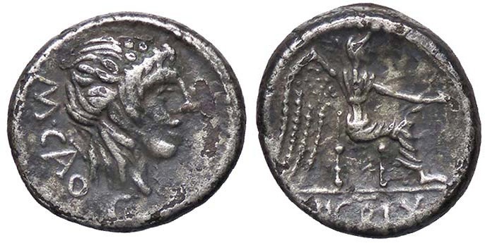 ROMANE REPUBBLICANE - PORCIA - M. Porcius Cato (89 a.C.) - Quinario - Testa dell...