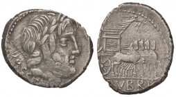 ROMANE REPUBBLICANE - RUBRIA - L. Rubrius Dossenus (87 a.C.) - Denario - Testa di Giove a d. con scettro sulla spalla /R Carro trionfale trainato da q...