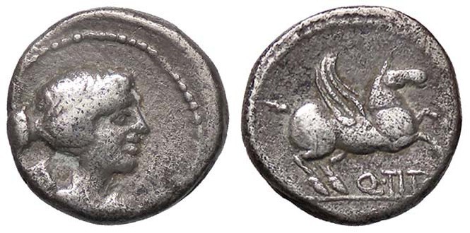 ROMANE REPUBBLICANE - TITIA - Q. Titius (90 a.C.) - Quinario - Busto della Vitto...