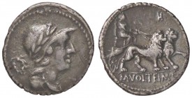 ROMANE REPUBBLICANE - VOLTEIA - M. Volteius M. f. (78 a.C.) - Denario - Testa di Attis a d.; dietro, simbolo /R Cibele su carro verso d. trainato da d...